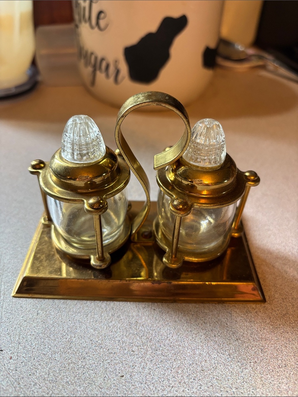 Brass Twin Cruet Set with Clear Glass Inserts
